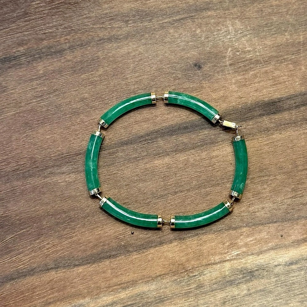 14k Gold & Natural Green Jade Bracelet – 7 Inch